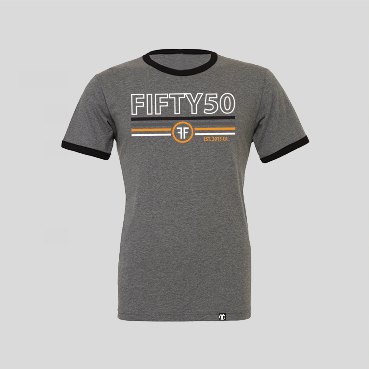 A grey ringer t-shirt with black arm and neck trim.  The logo text reads Fifty 50, with 2 Fs back to back and the colors are white, black, grey, and orange.