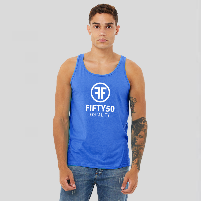 A man wearing a heather royal blue equality tank top with a white logo in bold font. There are two Fs, back to back, surrounded by a circle and the text reads, Fifty50 with Equality below it.