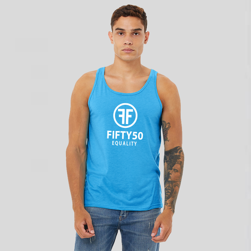 A man wearing a heather turquoise equality tank top with a white logo in bold font. There are two Fs, back to back, surrounded by a circle and the text reads, Fifty50 with Equality below it.